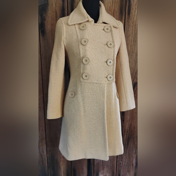 bebe Tweed Virgin Wool Pea Coat Women's Sz XS Buttons Collared Creme Jacket - Picture 1 of 16